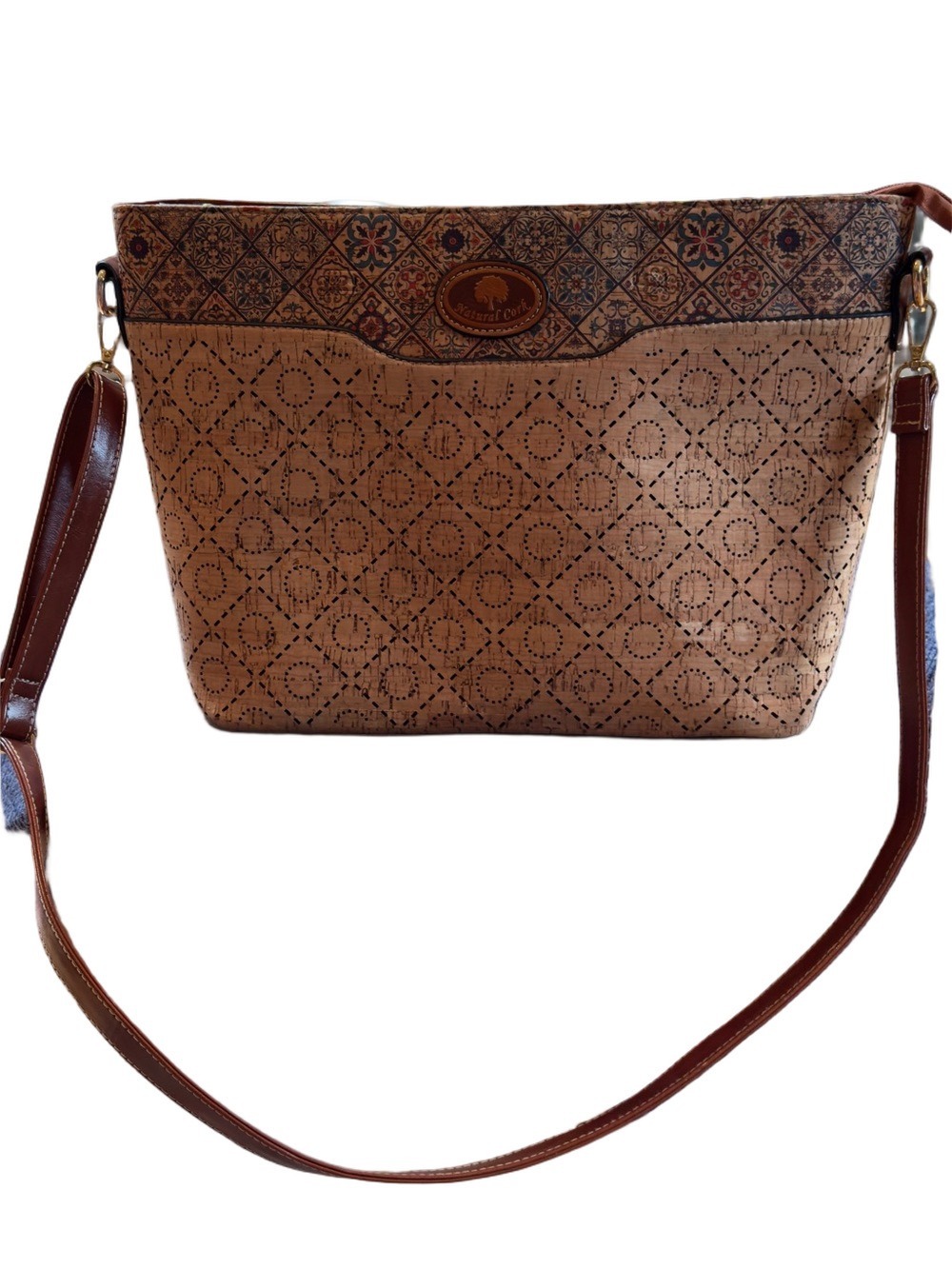 Patterned Cork Crossbody Bag with Brown Trim